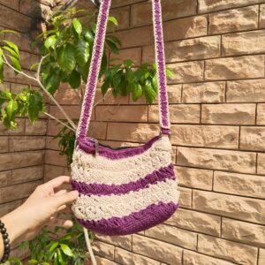 cream purple shell crochet purse