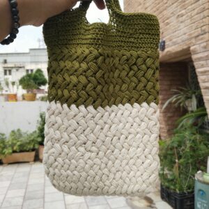green cream braided crochet tote
