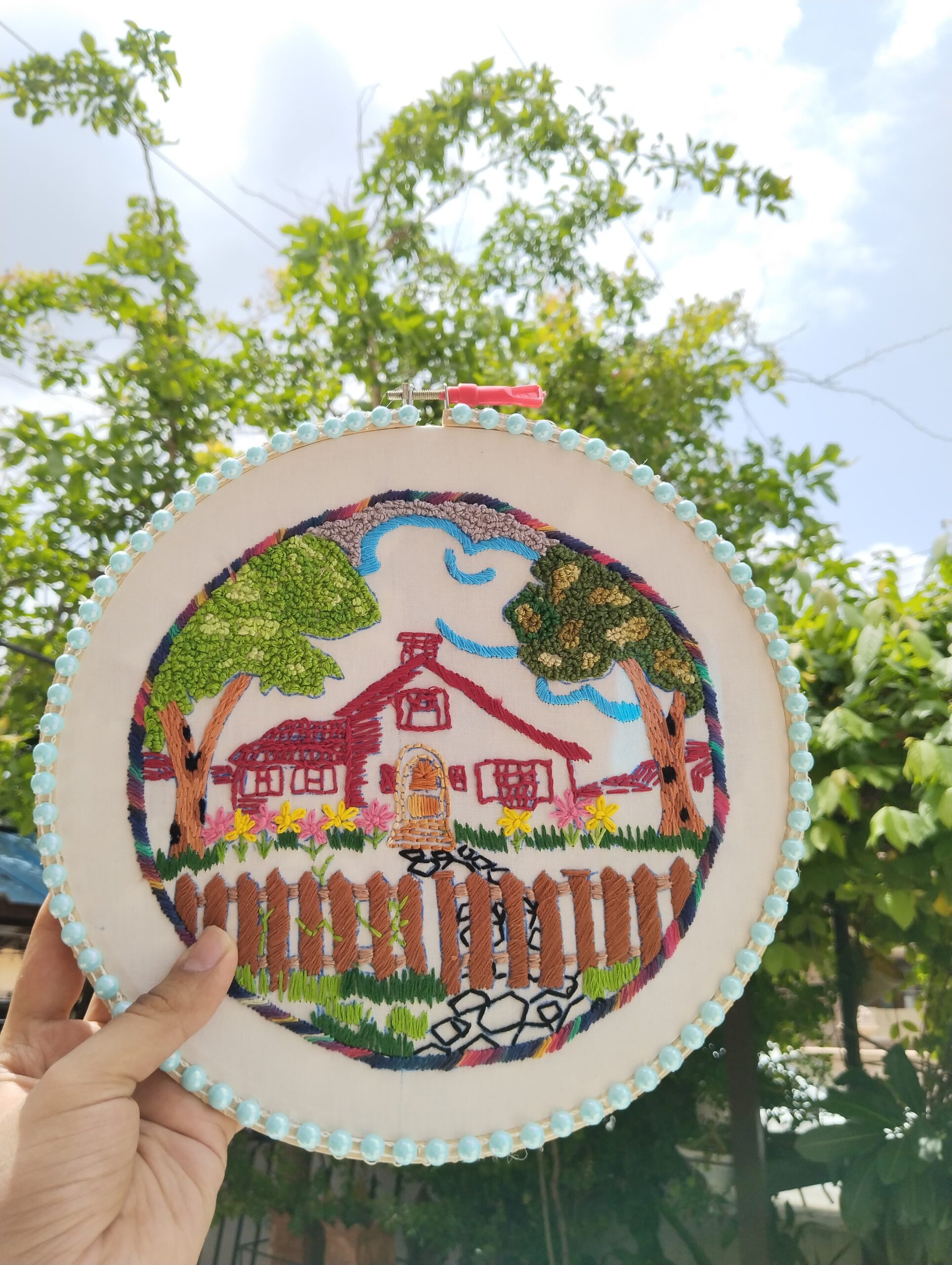 the cozy cottage – hand embroidered wall hoop the cozy cottage – hand embroidered wall hoop