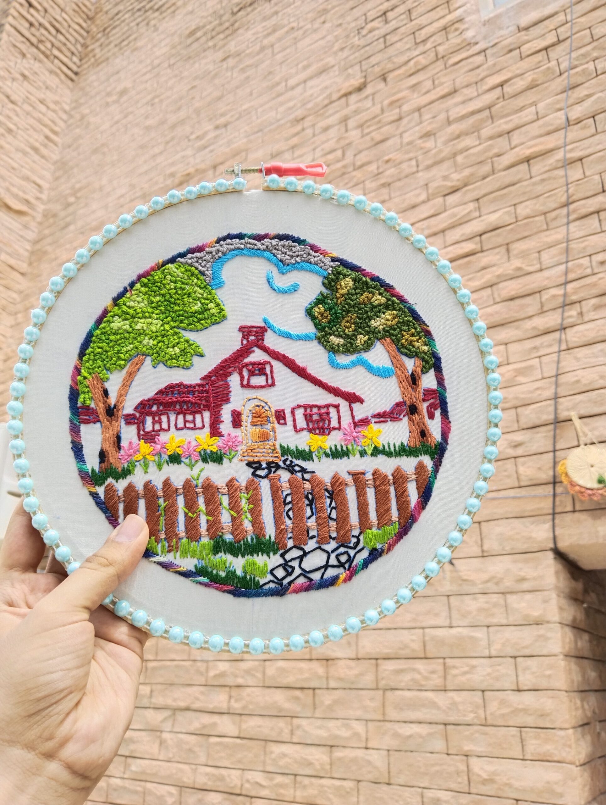 the cozy cottage – hand embroidered wall hoop the cozy cottage – hand embroidered wall hoop