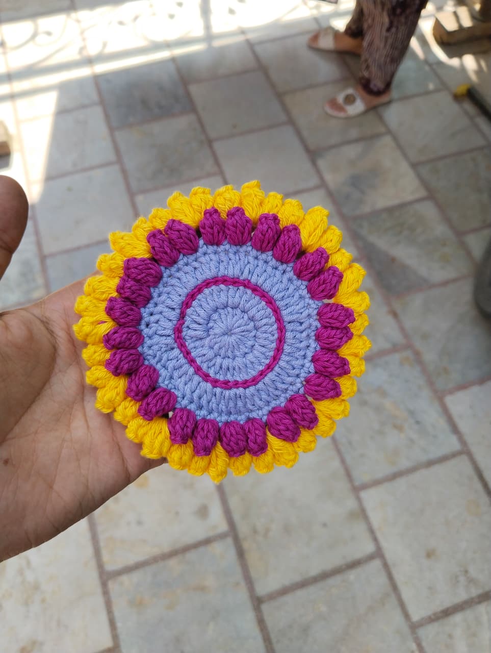sunbloom crochet coasters β purple & yellow (set of 4) sunbloom crochet coasters β purple & yellow (set of 4)