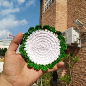 leaf trim crochet coasters – white & green (set of 4)