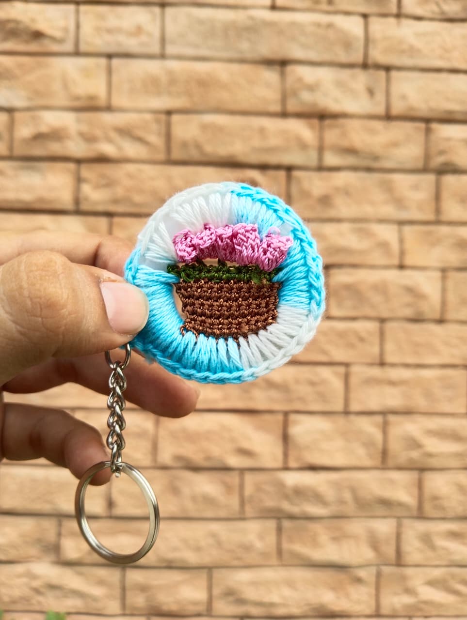bloom basket crochet keychain – sky blue & pink flowers bloom basket crochet keychain – sky blue & pink flowers