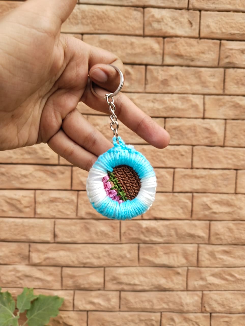 bloom basket crochet keychain – sky blue & pink flowers bloom basket crochet keychain – sky blue & pink flowers