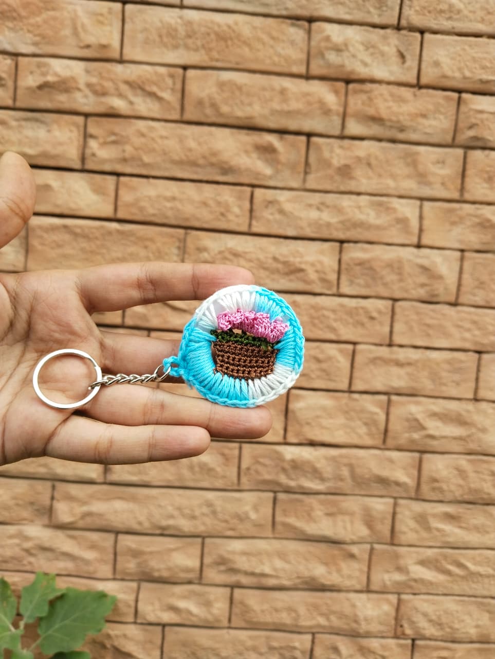 bloom basket crochet keychain – sky blue & pink flowers bloom basket crochet keychain – sky blue & pink flowers