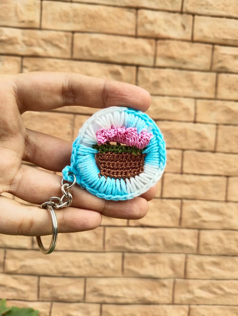 bloom basket crochet keychain – sky blue & pink flowers bloom basket crochet keychain – sky blue & pink flowers