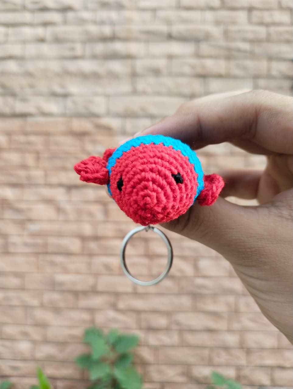 crochet puffer fish keychain – fire red/aqua (embroidered eyes) crochet puffer fish keychain – fire red/aqua (embroidered eyes)