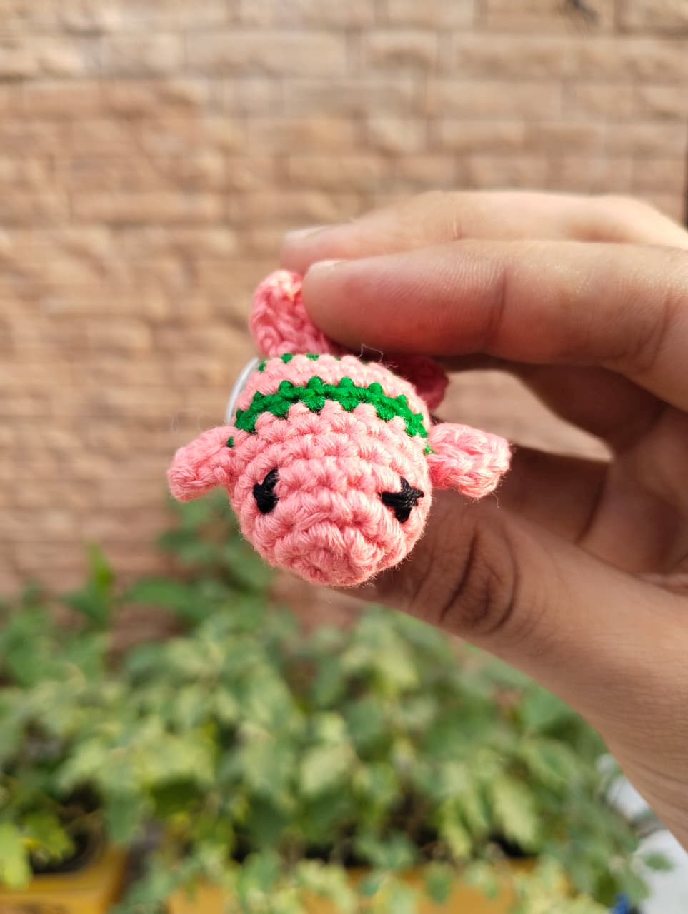 crochet striped fishy keychain – salmon pink/green crochet striped fishy keychain – salmon pink/green