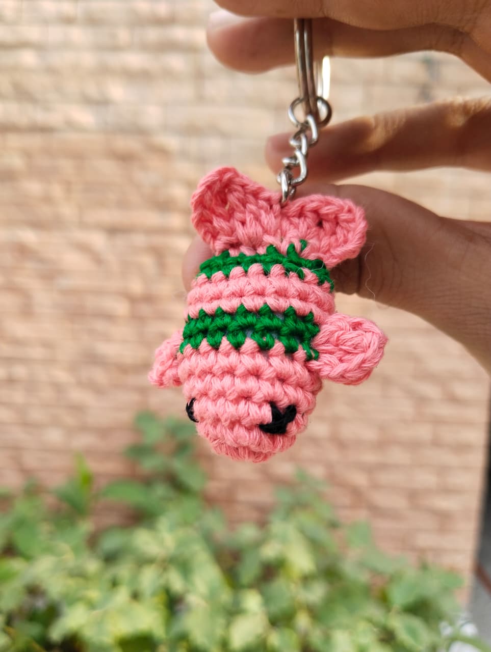 crochet striped fishy keychain – salmon pink/green crochet striped fishy keychain – salmon pink/green