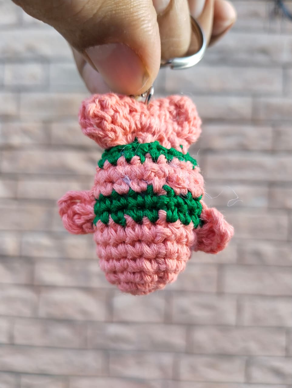 crochet striped fishy keychain – salmon pink/green crochet striped fishy keychain – salmon pink/green