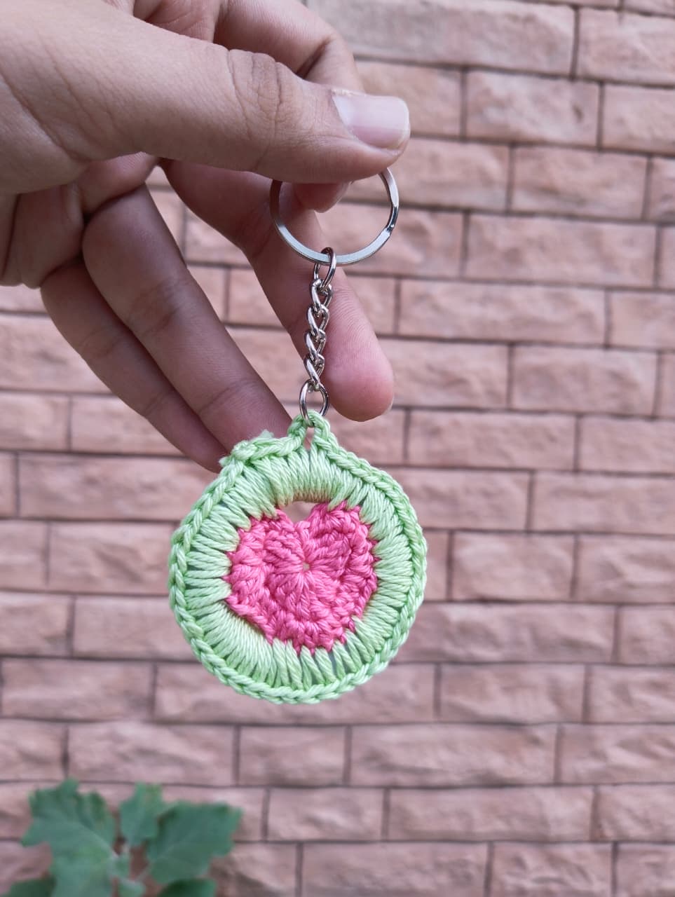 crochet heart locket keychain – watermelon pink/green crochet heart locket keychain – watermelon pink/green