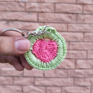 crochet heart locket keychain – watermelon pink/green
