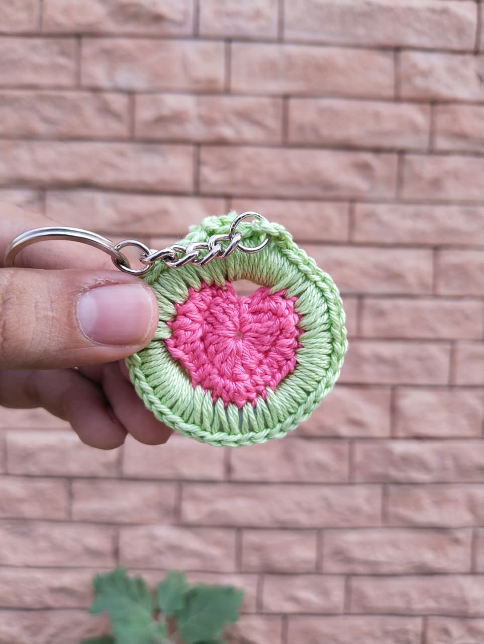 crochet heart locket keychain – watermelon pink/green crochet heart locket keychain – watermelon pink/green