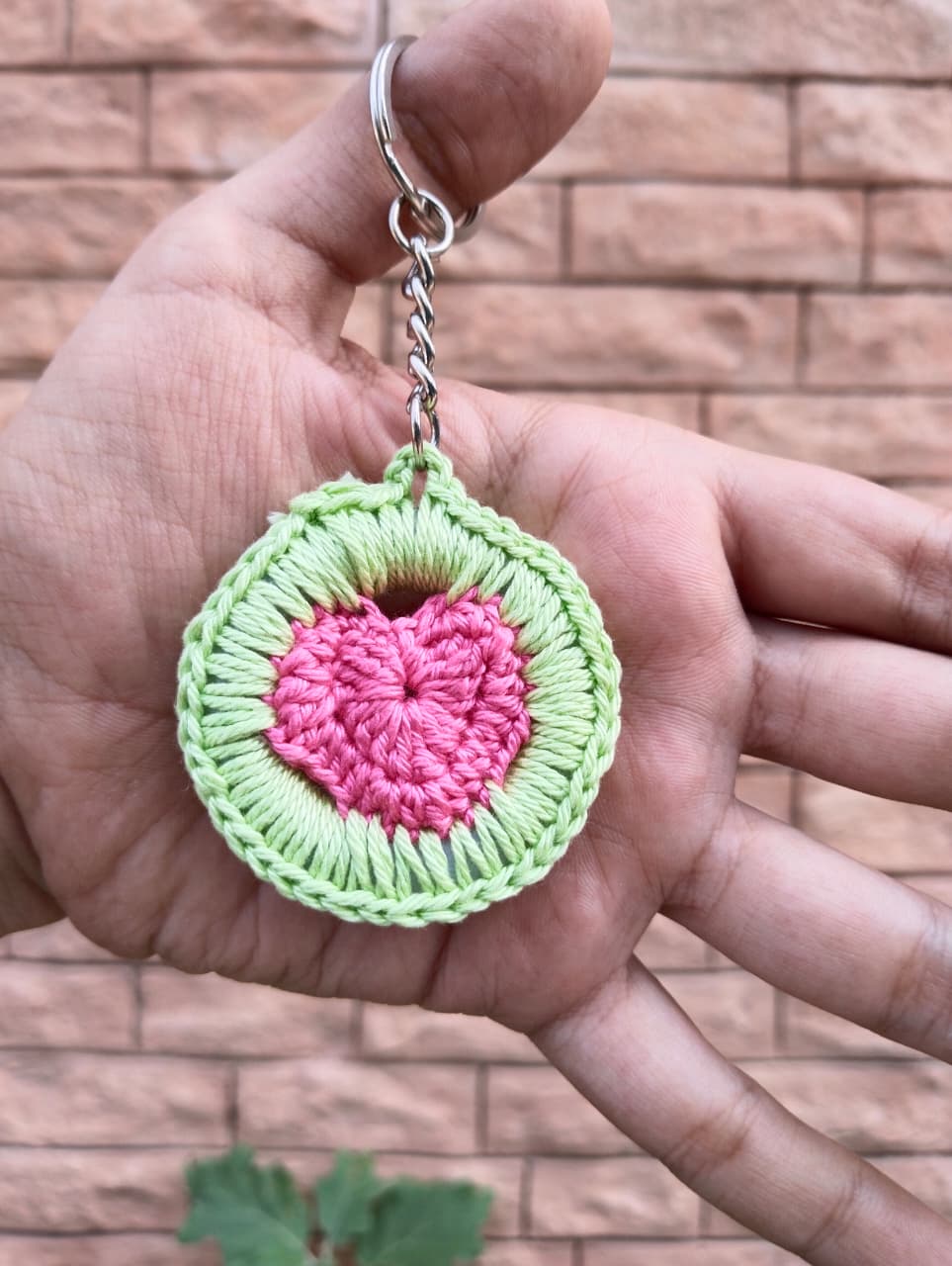 crochet heart locket keychain – watermelon pink/green crochet heart locket keychain – watermelon pink/green